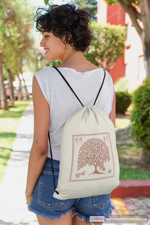 Square Warli DrawString Bag